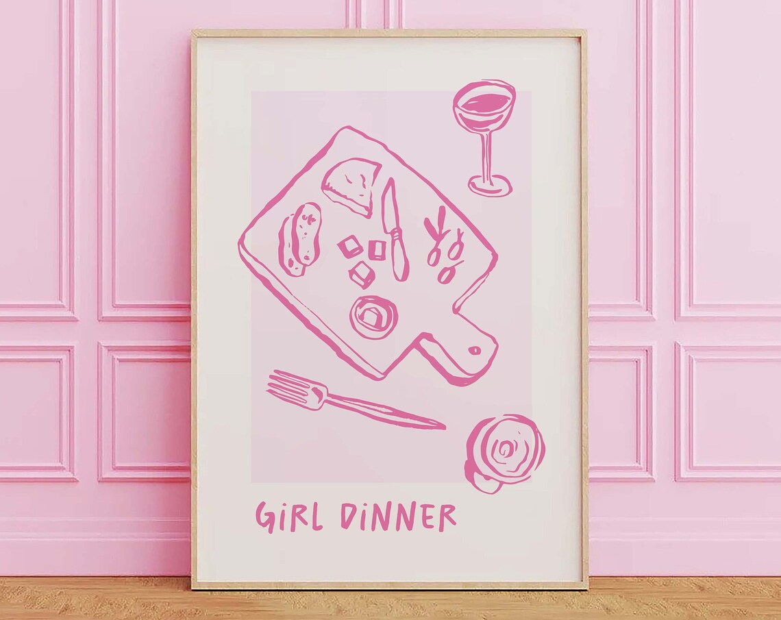 Girl Dinner Quote Charcuterie Board Illustration Pink Kitchen Wall Decor Poster