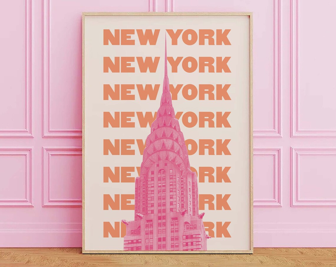 New York City Chrysler Building Pink Orange Retro Travel Poster