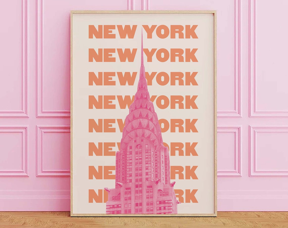 New York City Travel Print Art Pink Orange Nyc Travel Exhibition Print New York Wall Art Cute Trendy Wall Art