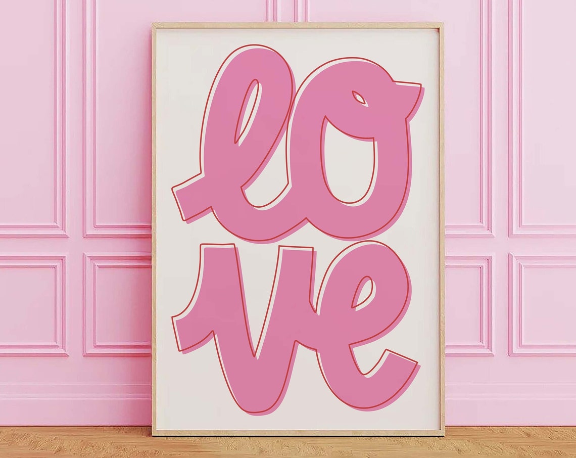 Love Script Typography Bold Pink Letters Romantic Wall Decor Poster