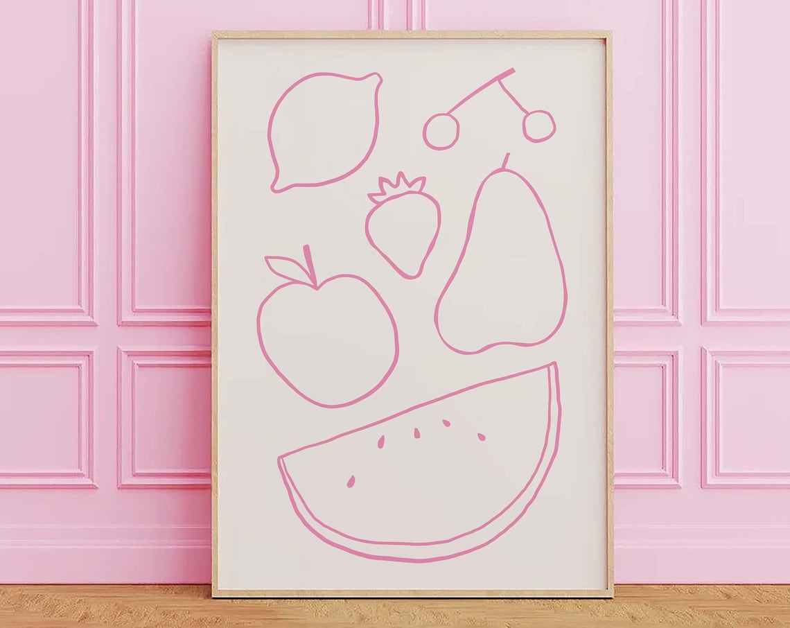 Minimal Fruit Line Art Pink Kitchen Modern Food Doodle Poster