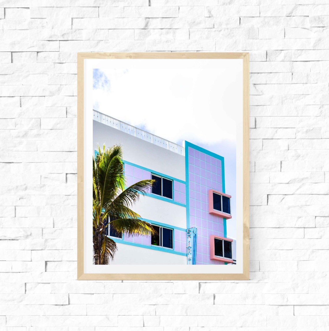 Miami South Beach Art Deco Hotel Pastel Facade Palm Tree Travel Poster