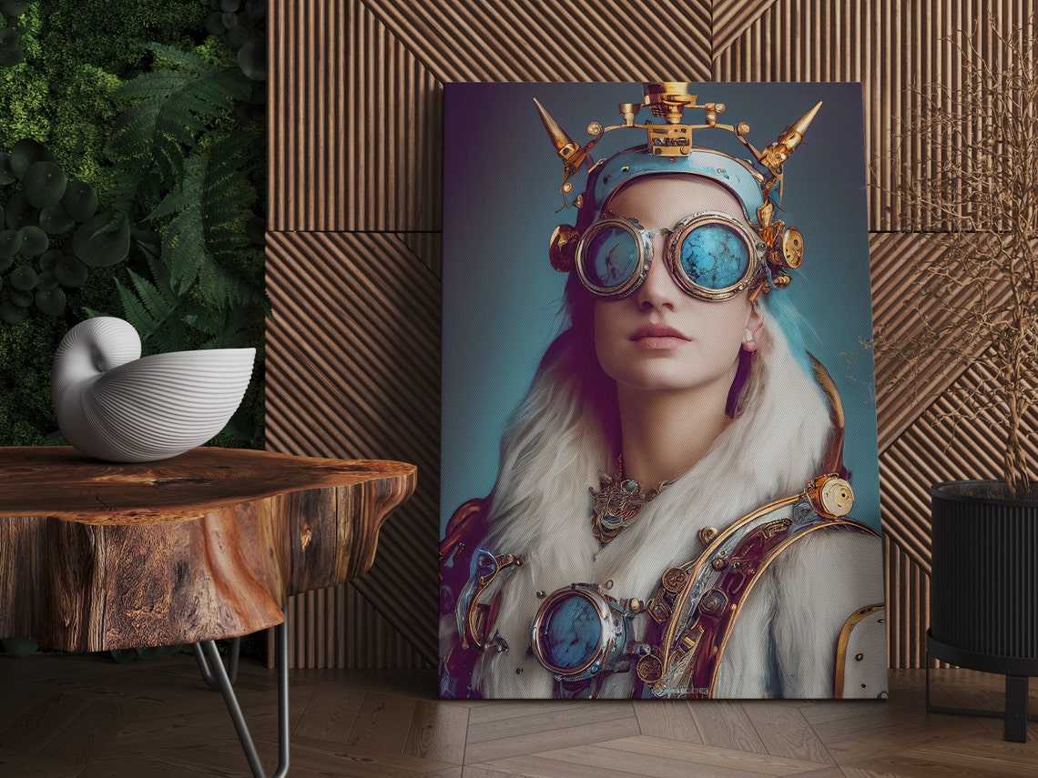 Steampunk Woman Portrait with Brass Goggles and Spiked Crown Poster
