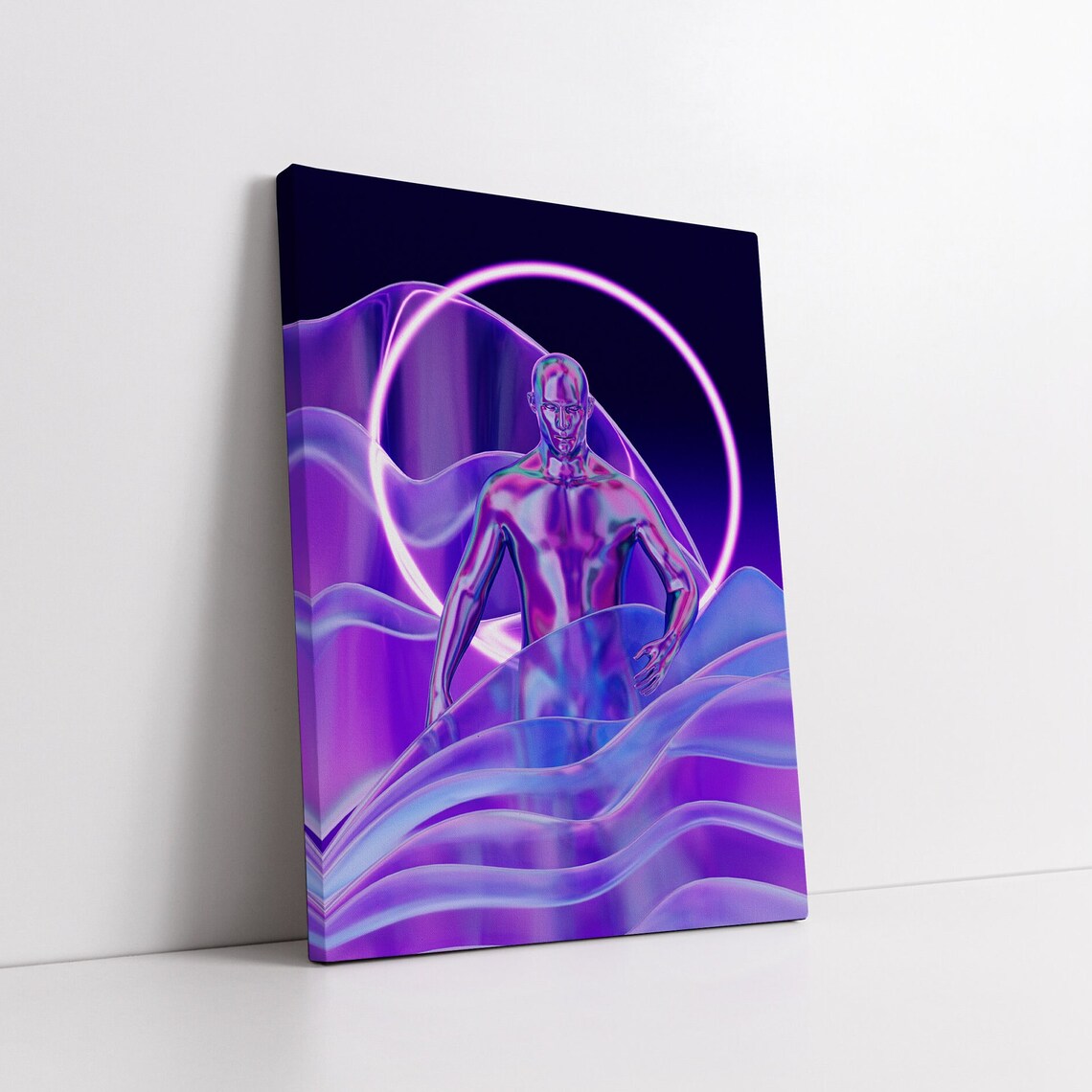 Holographic Chrome Figure with Neon Ring Retro Synthwave Art Poster - Image 3