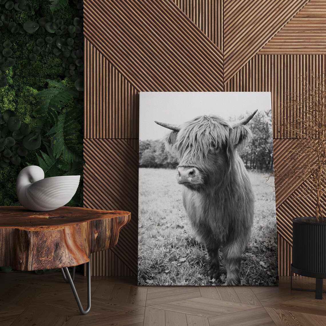 Monochrome Highland Cow Portrait Standing In Pasture Field Poster - Image 2