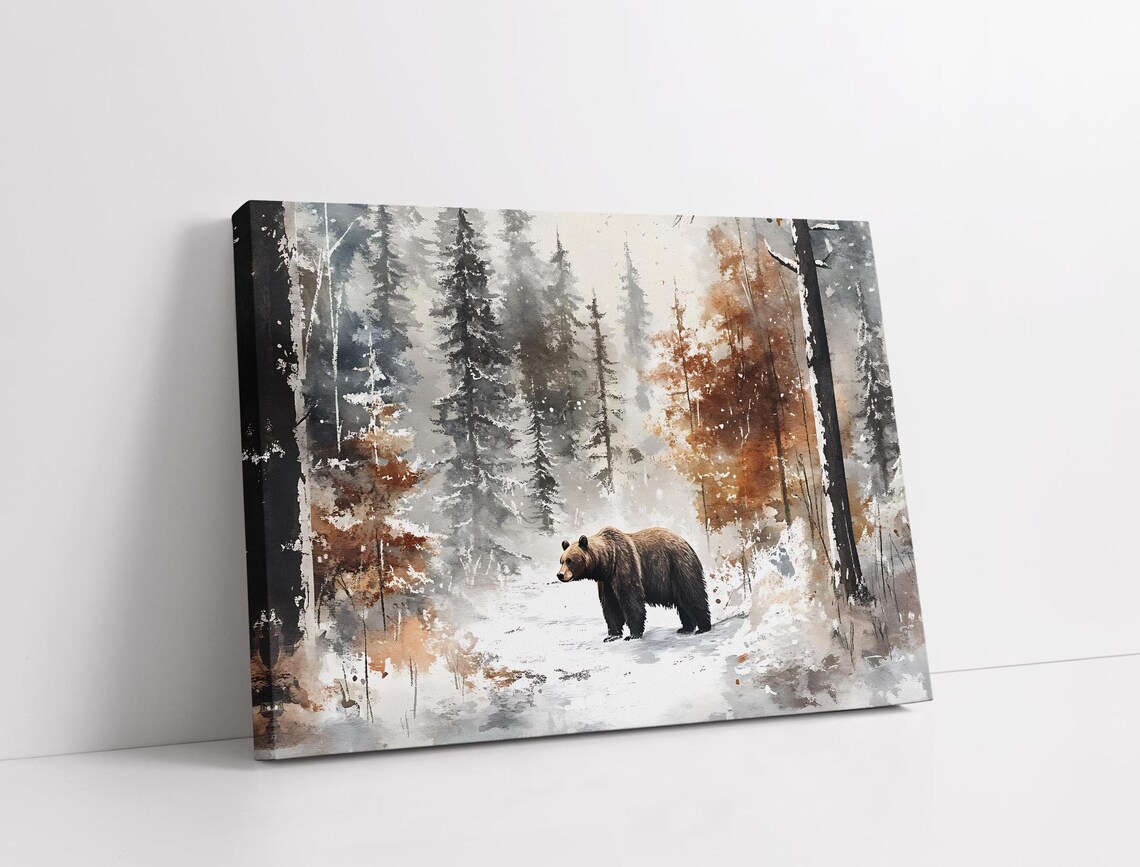 Bear In Snowy Watercolor Forest Brown Bear Winter Wildlife Art Poster - Image 3