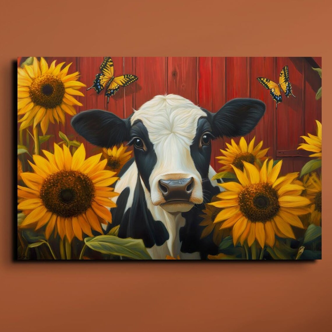 Cow Face Among Sunflowers by Red Barn Butterflies Farm Wall Poster