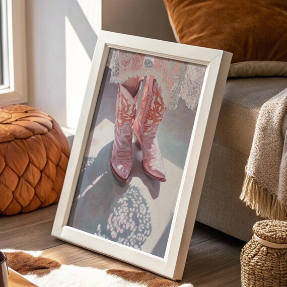 Pink Cowgirl Boots Poster, Lace Shadow Painting Western Chic Art