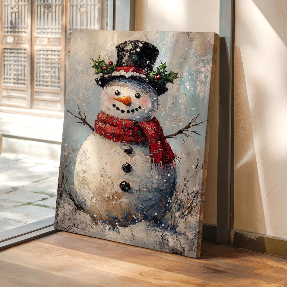 Vintage Snowman Top Hat Red Scarf Festive Winter Scene Poster