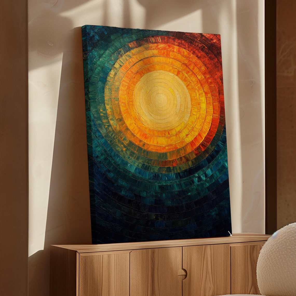 Vibrant Abstract Sun Golden Center Teal Rings Modern Art Poster