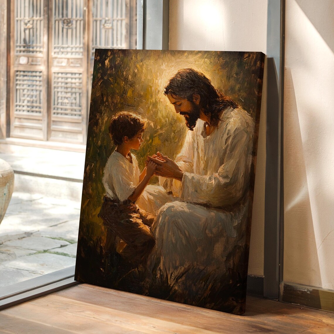 Jesus Blessing Young Boy Holding Hands Golden Light Scene Poster