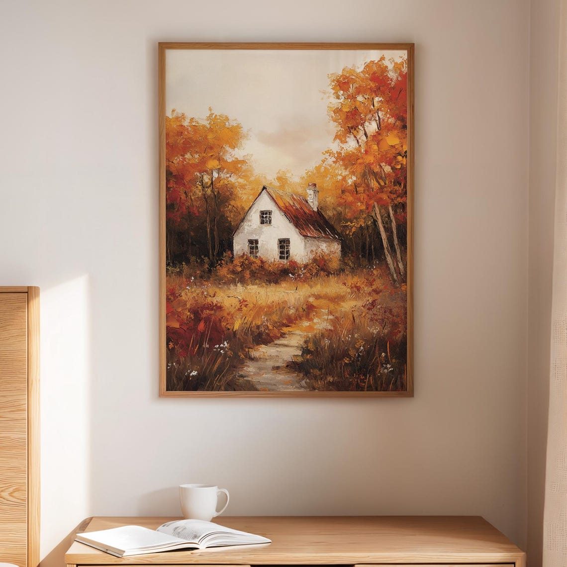 White Cottage Autumn Woods Golden Trees Winding Path Fall Poster