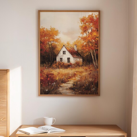 White Cottage Autumn Woods Golden Trees Winding Path Fall Poster