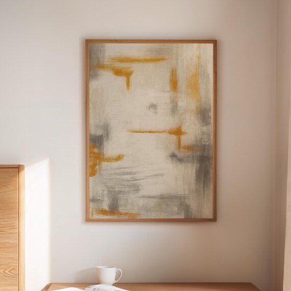 Neutral Beige Abstract Canvas Wall Art With Mustard And Gray Accents Minimalist Modern Brushstroke Painting