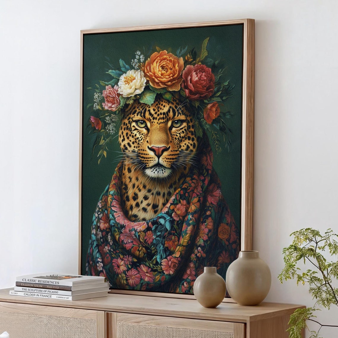 Leopard Wearing Floral Crown And Blooming Shawl Regal Portrait Poster