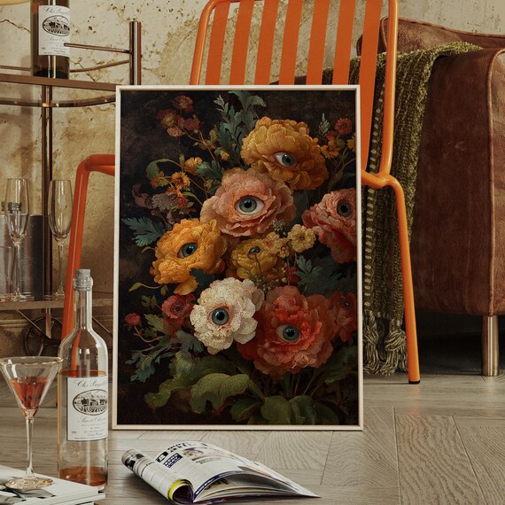 Surreal Watchful Eyes Floral Bouquet Dark Botanical Art Poster