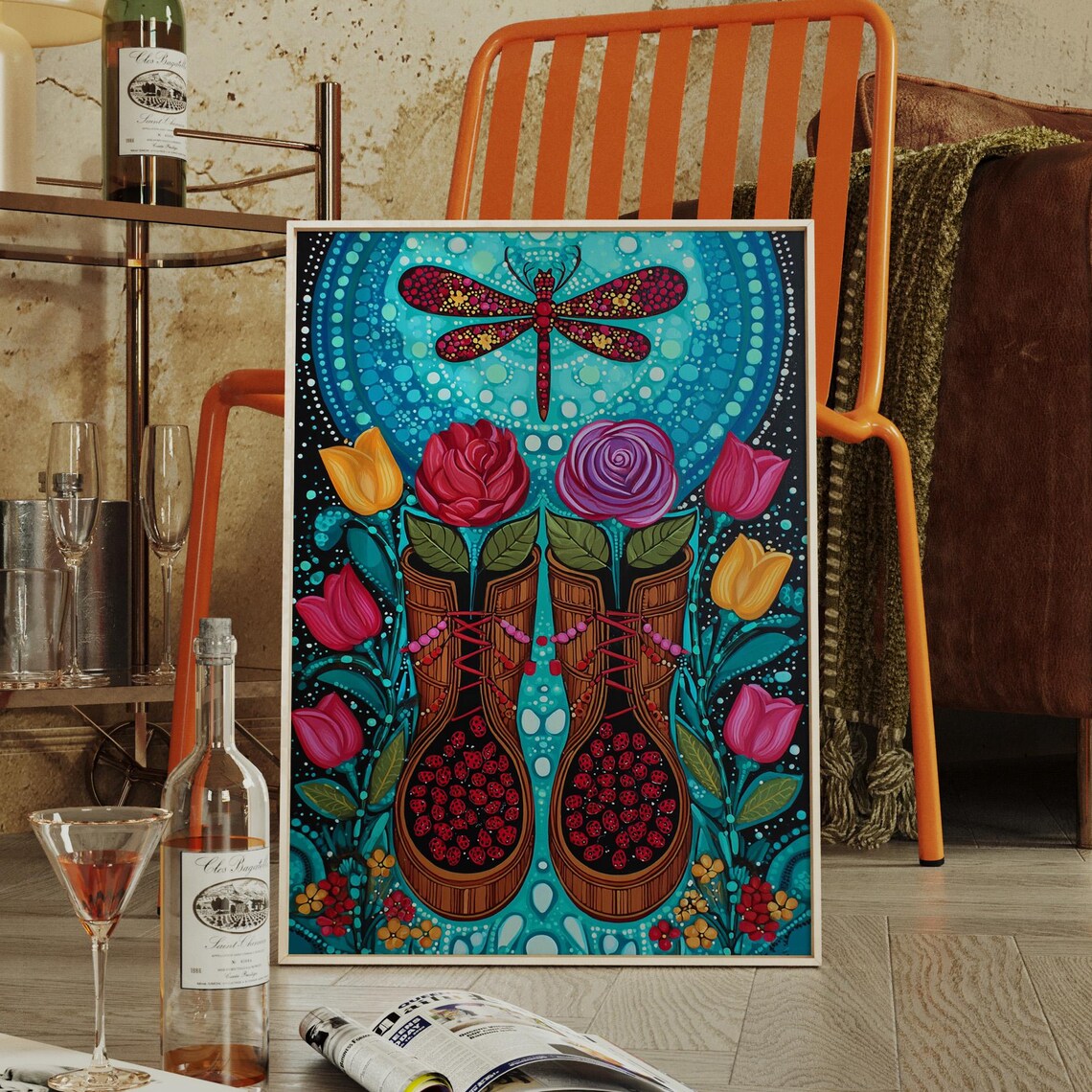 Floral Boots With Red Dragonfly Colorful Folk Art Style Poster