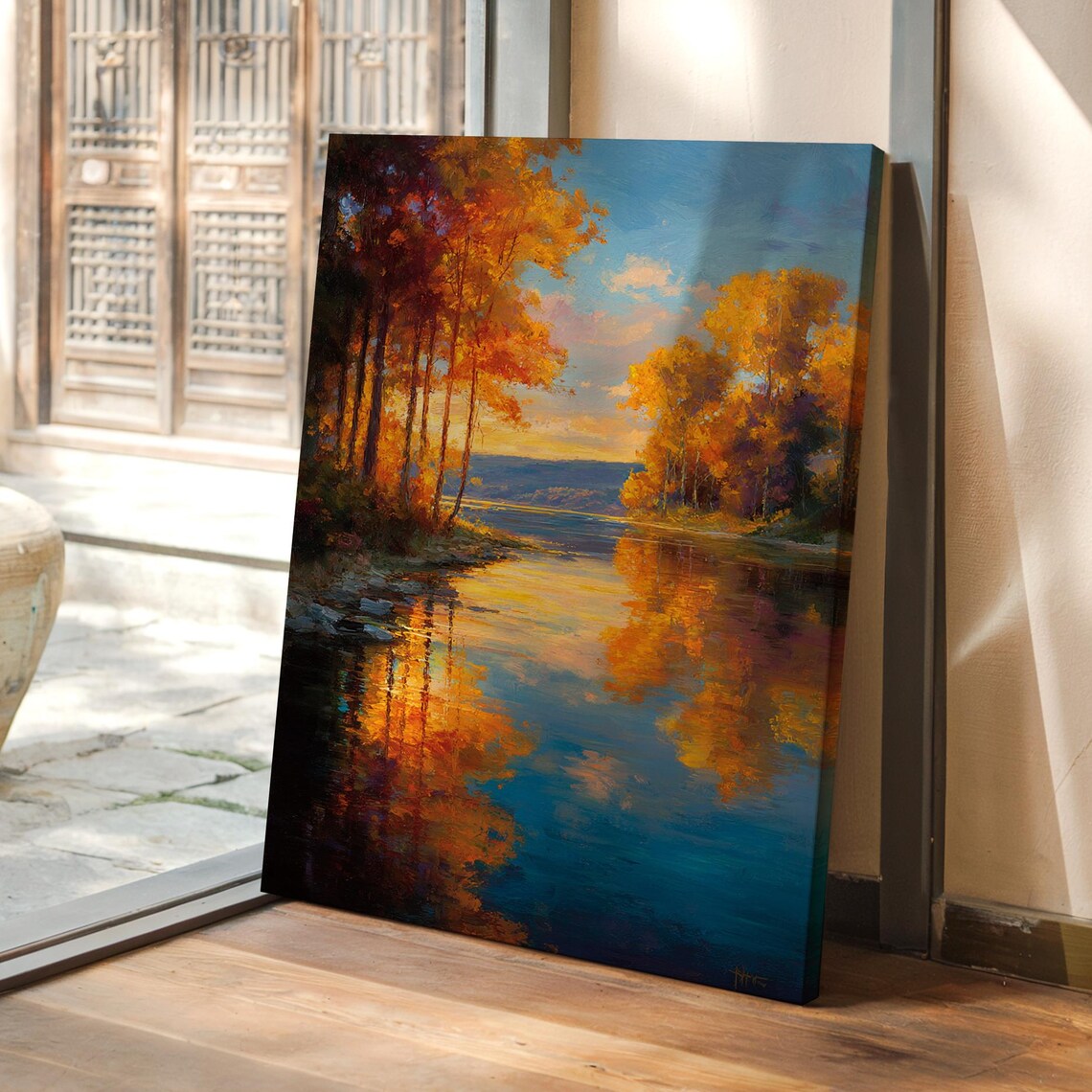 Golden Autumn Sunset Lake Reflection Orange Trees Oil Painting Poster