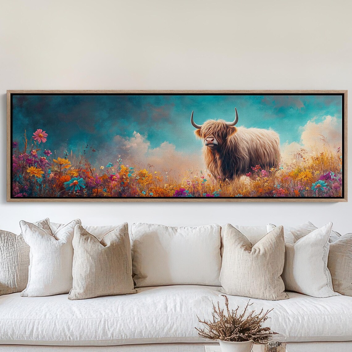 Highland Cow Wildflower Meadow Rustic Landscape Colorful Wall Art