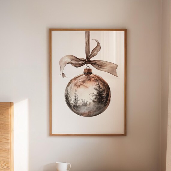 Sepia Christmas Ornament Forest Scene Vintage Bow Holiday Art Poster