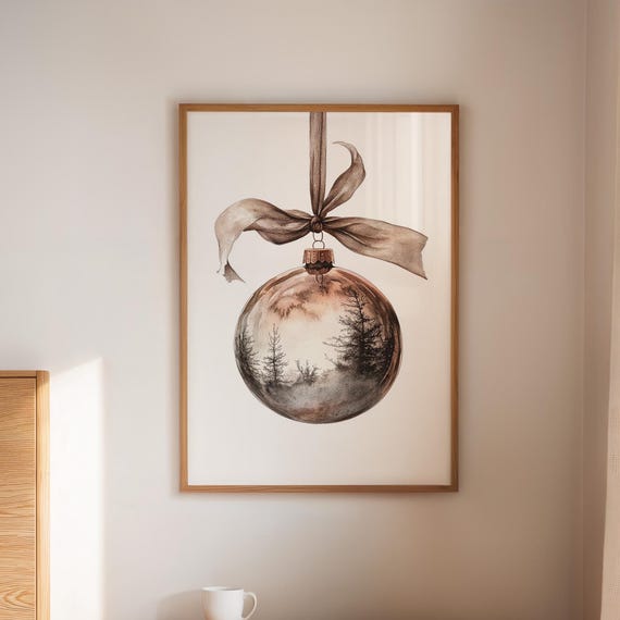 Vintage Forest Reflection Ornament Wall Art Sepia Christmas Ball With Pine Trees Rustic Holiday Decor Illustration Print