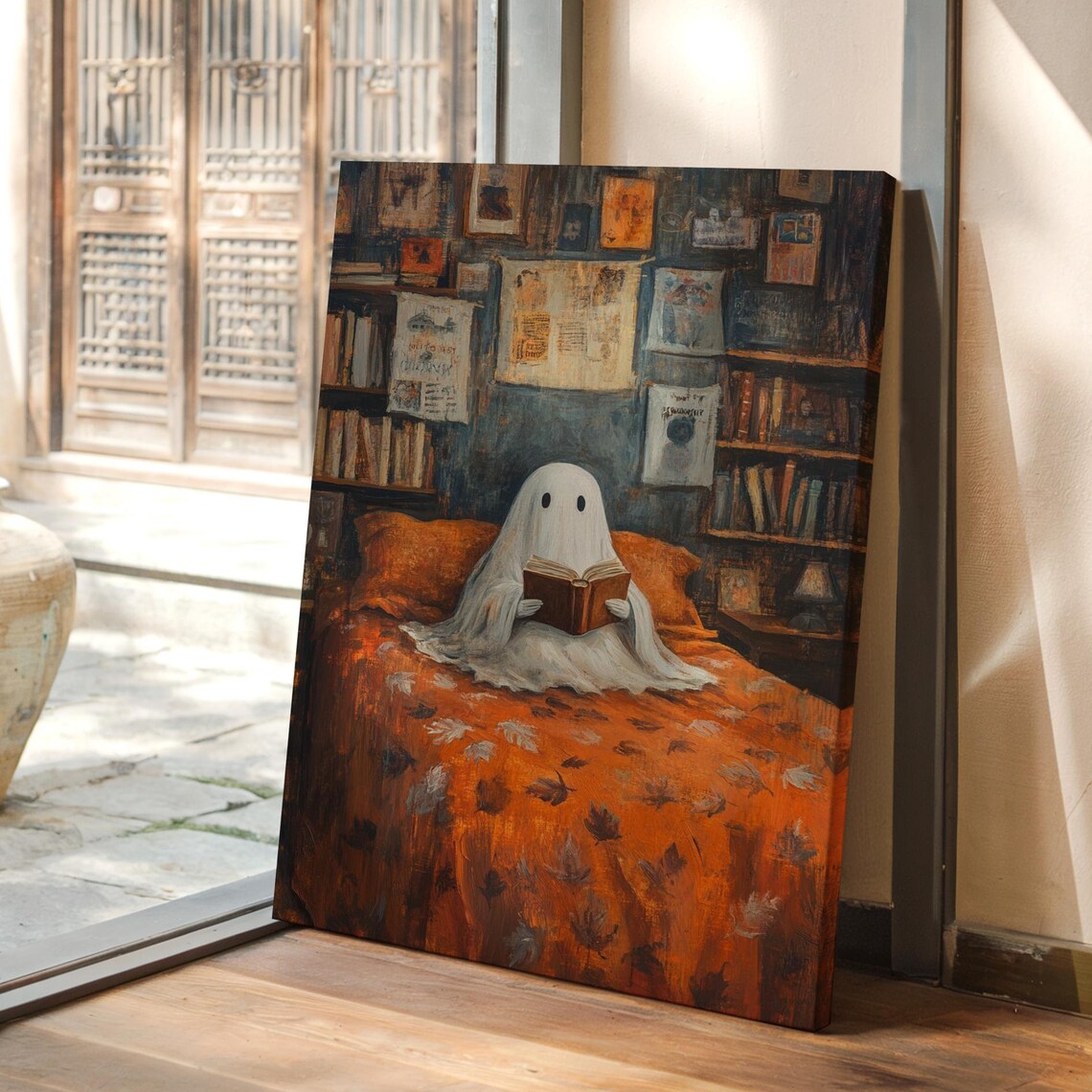 Whimsical Ghost Reading on Cozy Bed, Halloween