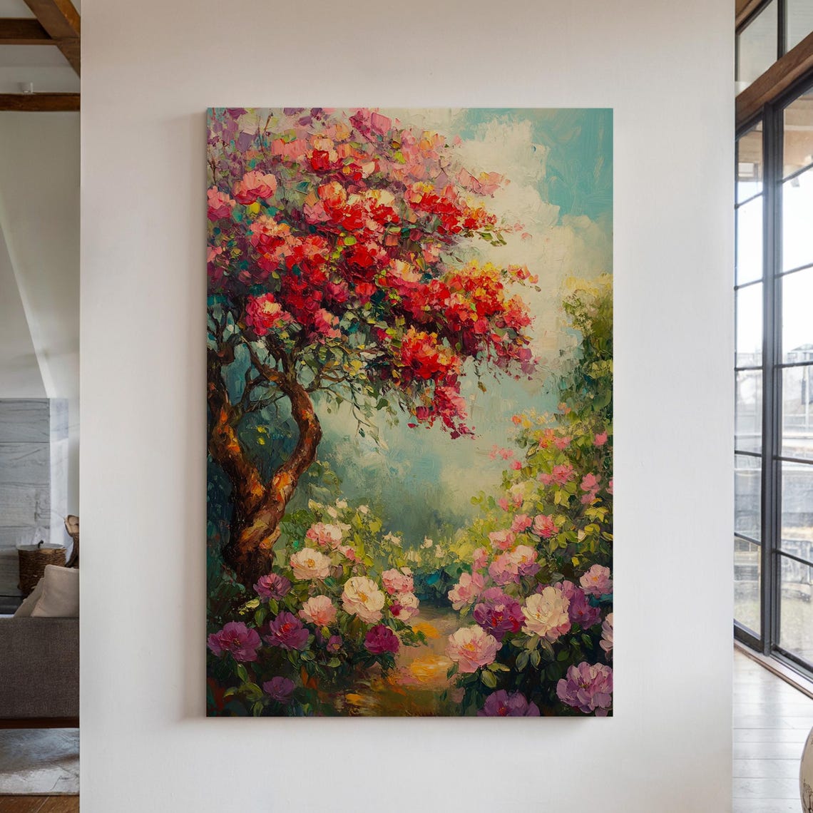 Blooming Red Blossom Tree Turquoise Sky Impressionist Garden Poster