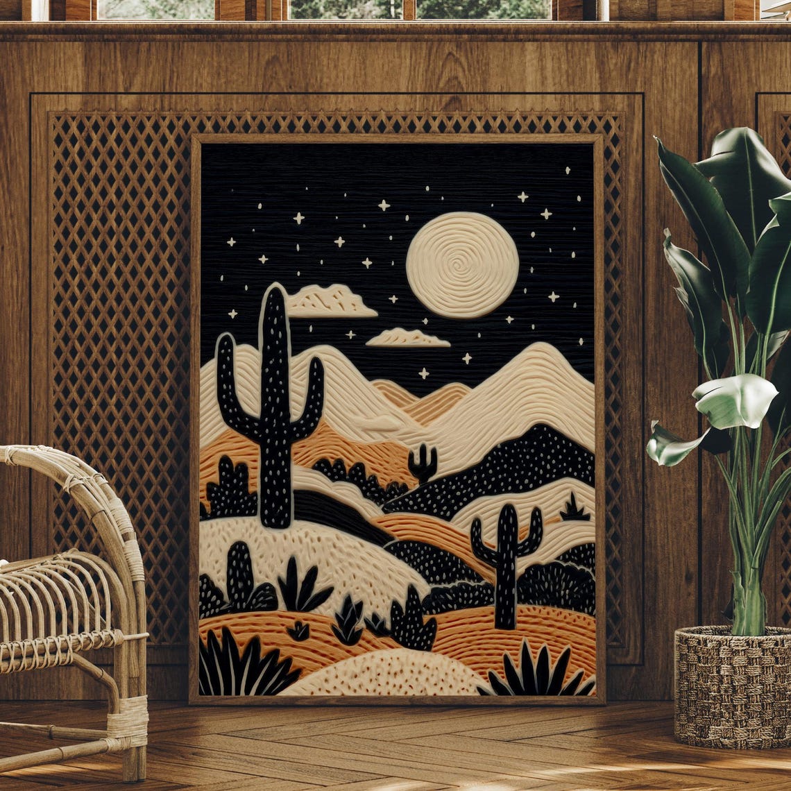 Desert Cactus Under Spiral Moonlight Night Modern Boho Poster