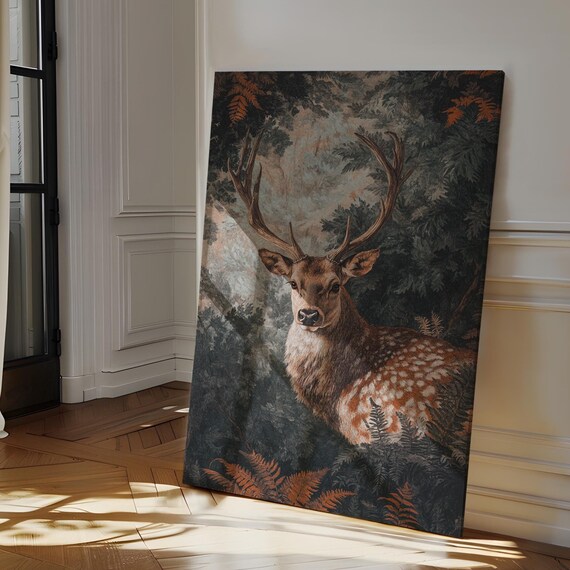 Majestic Stag Portrait in Ferns Moody Woodland Wildlife Art Poster