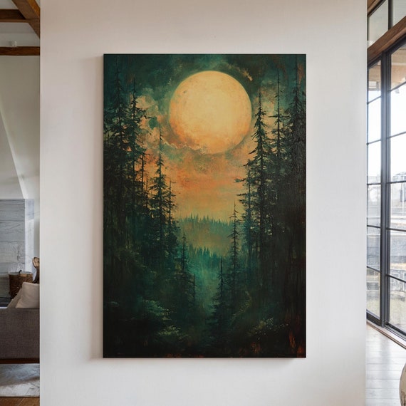 Forest Moon Wall Art Enchanted Pine Trees Under Full Moon Mystical Night Landscape Dark Woodland Decor Nature Wall Print