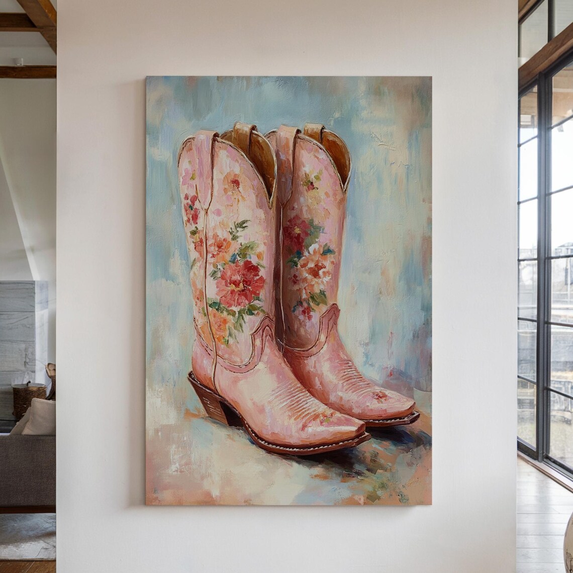 Pink Floral Cowboy Boots Painting Western Cowgirl Style Wall Poster