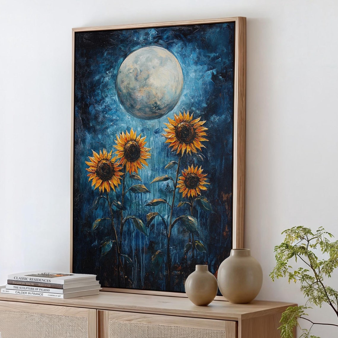 Golden Sunflowers Under a Large Moon in a Starry Night Sky Poster