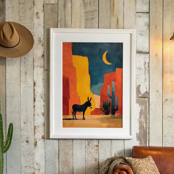 Donkey In Desert Canyon Under Crescent Moon