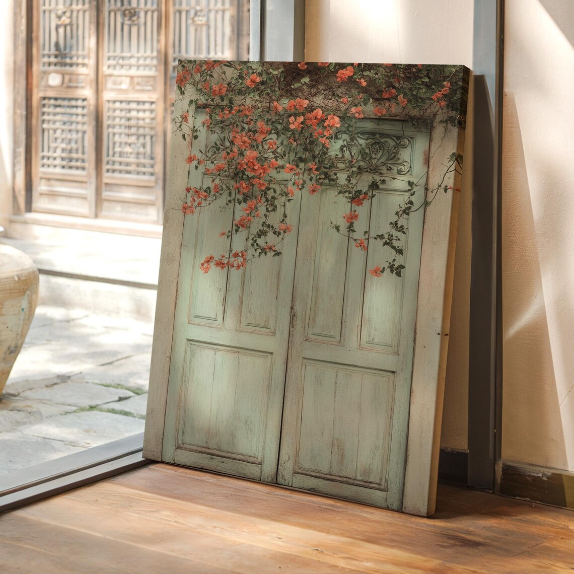 Mint Green Vintage Door Bougainvillea Flowers Rustic Farmhouse Poster