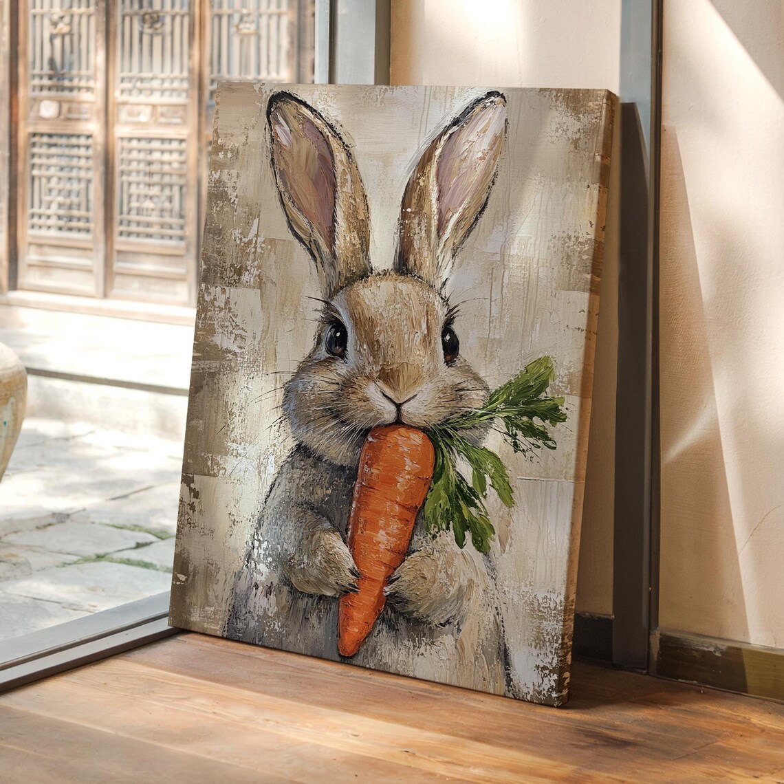 Adorable Bunny With Carrot Rustic Art Print