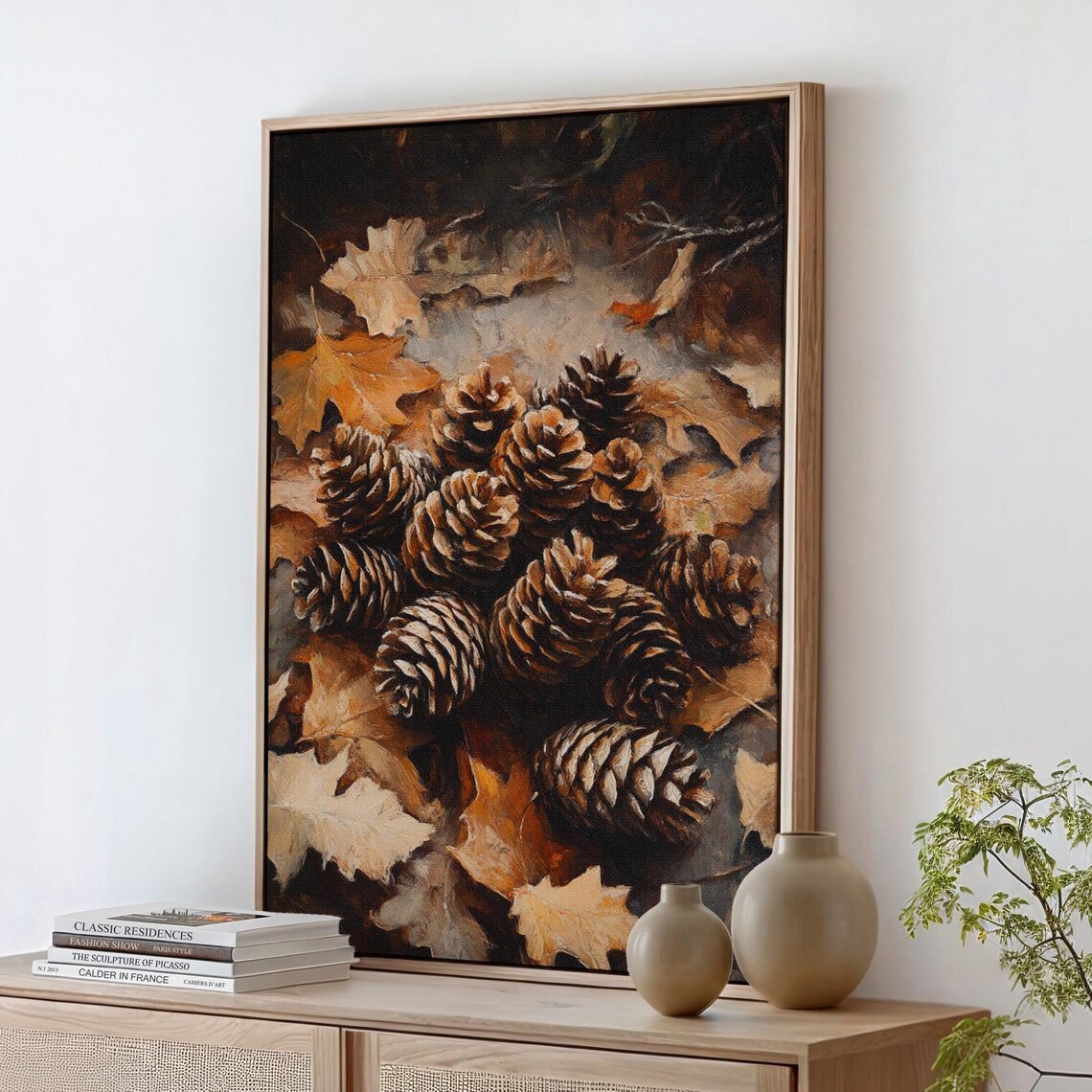 Pinecones with Autumn Oak Leaves Dark Rustic Fall Harvest Painting Poster