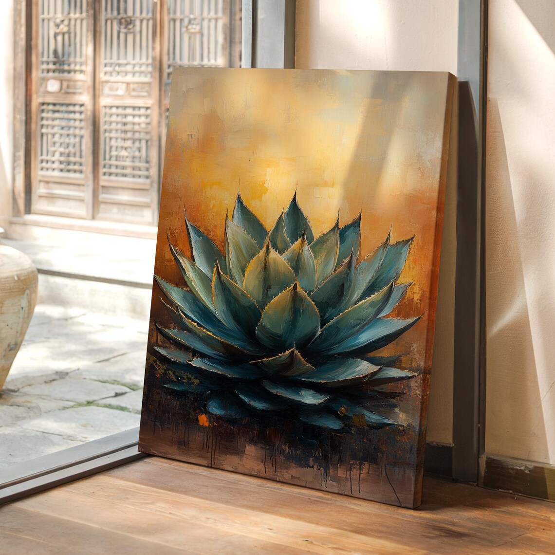 Blue Agave Succulent Painting On Gold Southwestern Art Poster