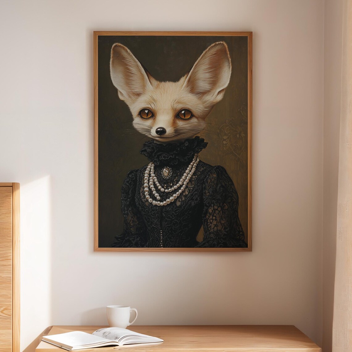 Regal Fennec Fox In Black Lace Gown With Pearl Necklace Wall Art