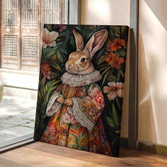 Regal Rabbit in Floral Victorian Dress Vintage Animal Portrait Poster
