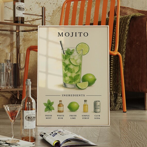 Mojito Cocktail Recipe Poster Vintage Mint Lime Rum Kitchen Bar Wall Decor