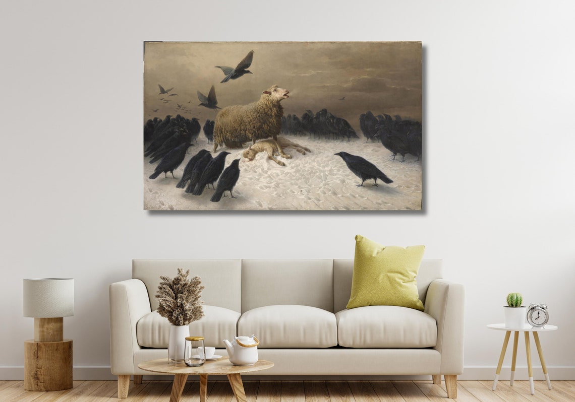 August Friedrich Schenck Anguish Sheep and Crows Snow Art Poster - Image 3