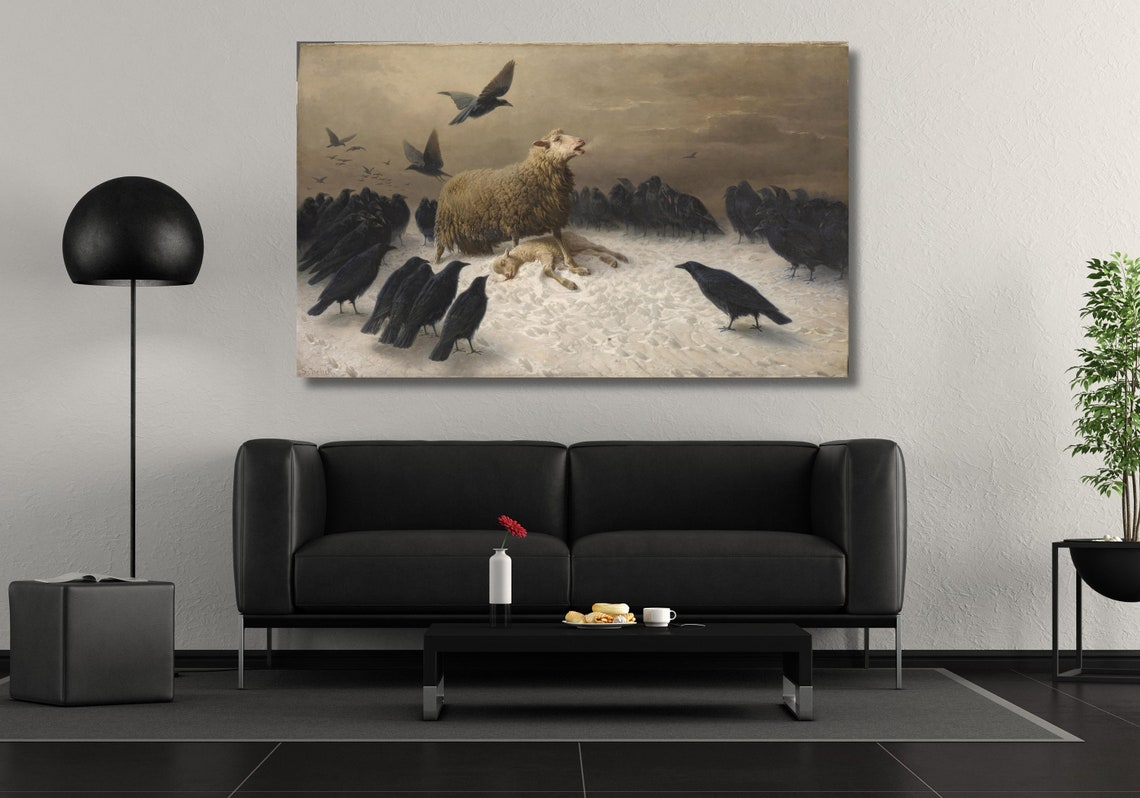 August Friedrich Schenck Anguish Sheep and Crows Snow Art Poster - Image 2