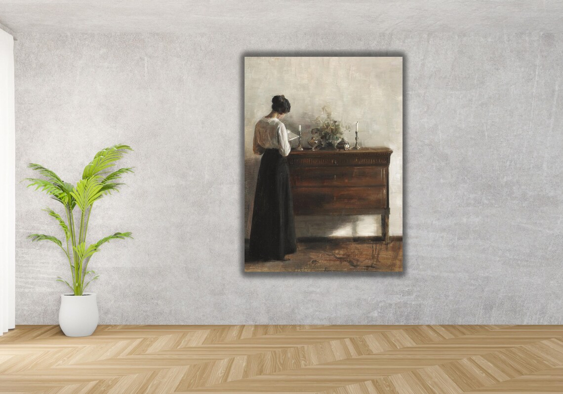 Quiet Interior Woman Reading by Candlelit Dresser Vintage Painting Poster - Image 3