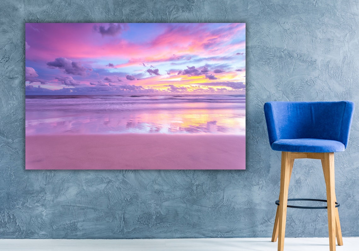 Tranquil Coastal Sunset Pink Ocean Waves Soft Sea Purple Sky Poster - Image 2