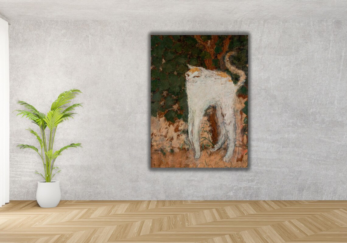 White Cat Stretching by Tree Vintage Impressionist Animal Painting Poster