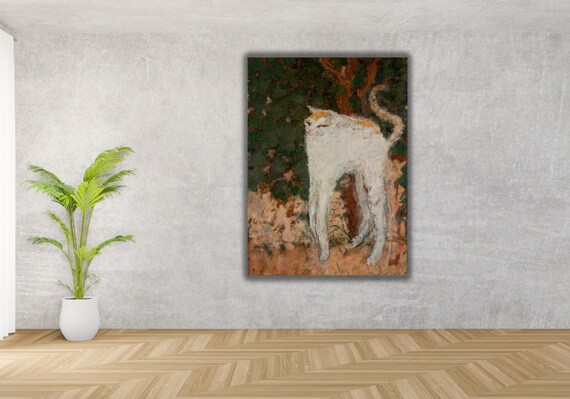 White Cat Stretching by Tree Vintage Impressionist Animal Painting Poster