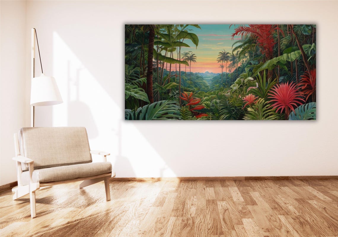 Lush Tropical Jungle Canopy at Sunset Palm Landscape Painting Poster - Image 3