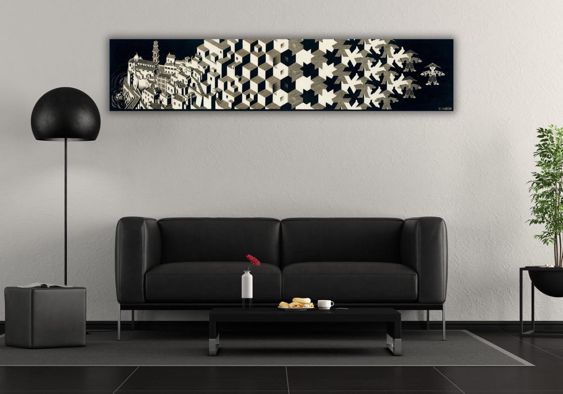 MC Escher Metamorphosis II Cubes to Birds Optical Art Poster
