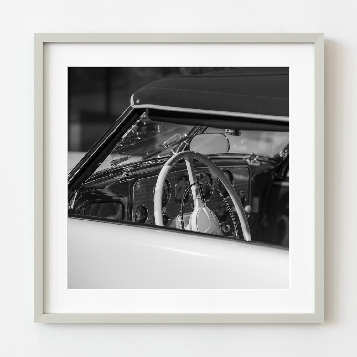 Classic Vintage Car Interior Steering Wheel Monochrome Photo Poster