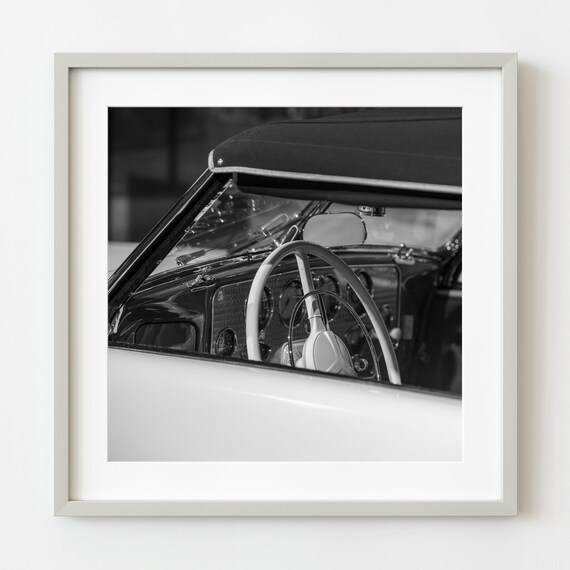 Classic Vintage Car Interior Steering Wheel Monochrome Photo Poster
